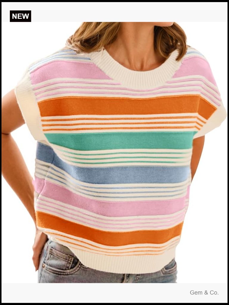 Womens Cap Sleeve Sweater Vest Striped Color Block Loose Tank Top Trendy Summer